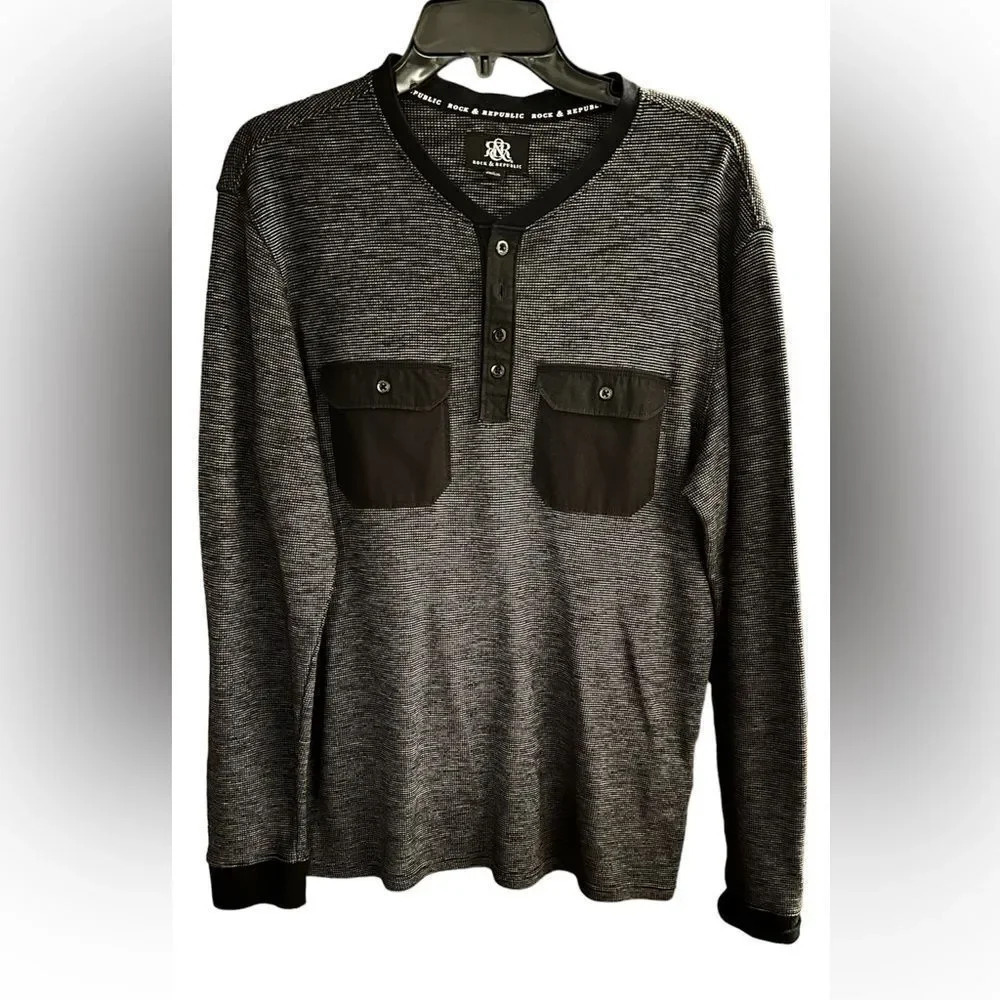 Rock & Republic Mens Henley Long Sleeve Black Sz Small.  Great condition
